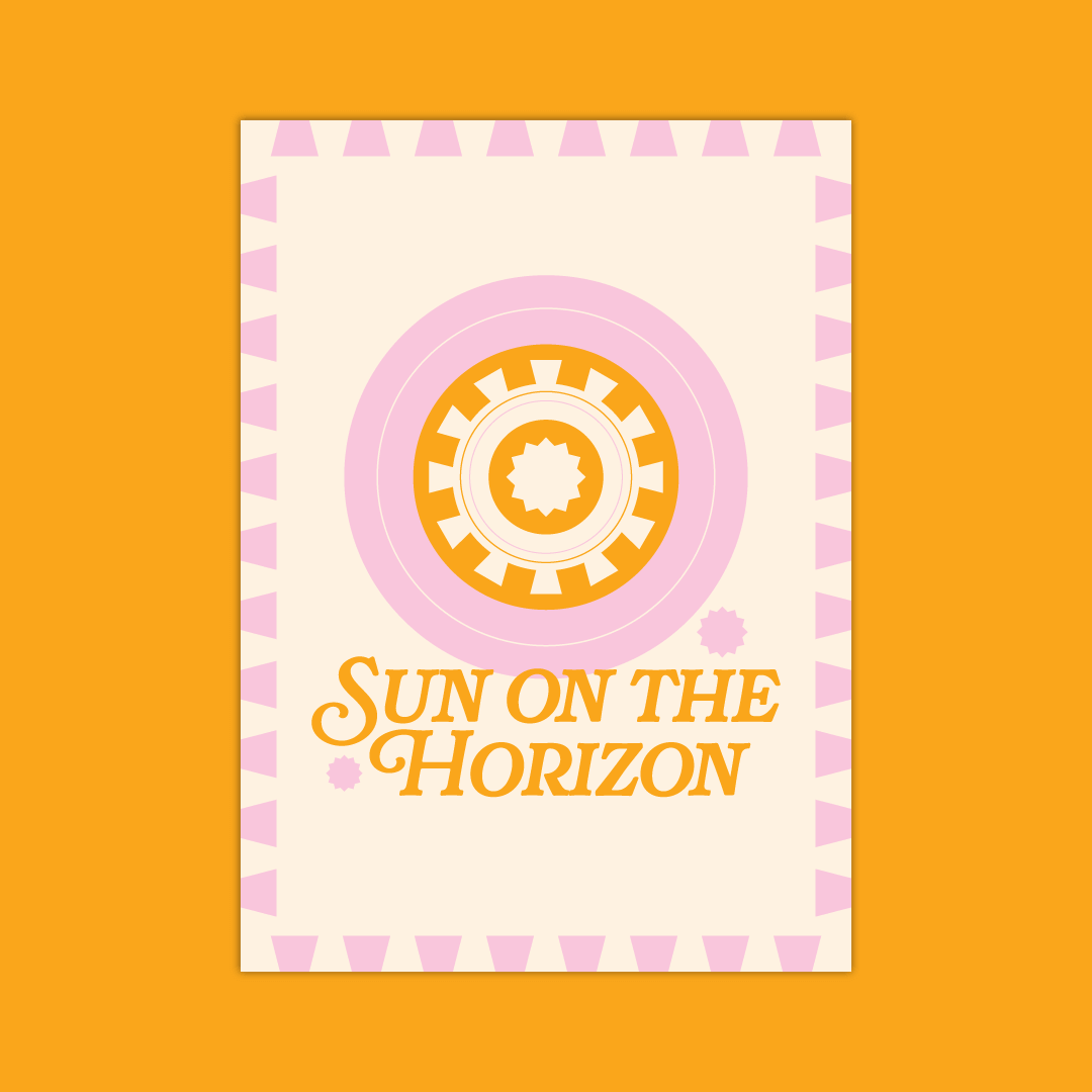 Pink and orange greeting cards that reads "Sun on the horizon" with an abstract sun motif