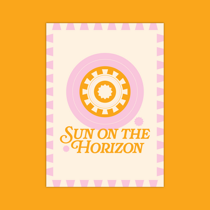 Pink and orange greeting cards that reads "Sun on the horizon" with an abstract sun motif