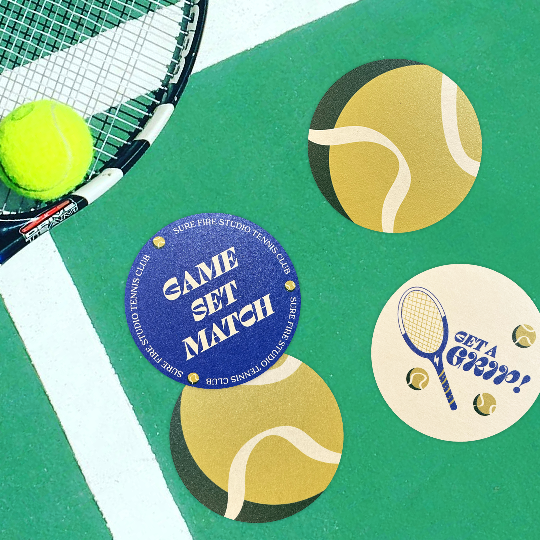 Pulpboard coasters with trendy, tennis-inspired designs.